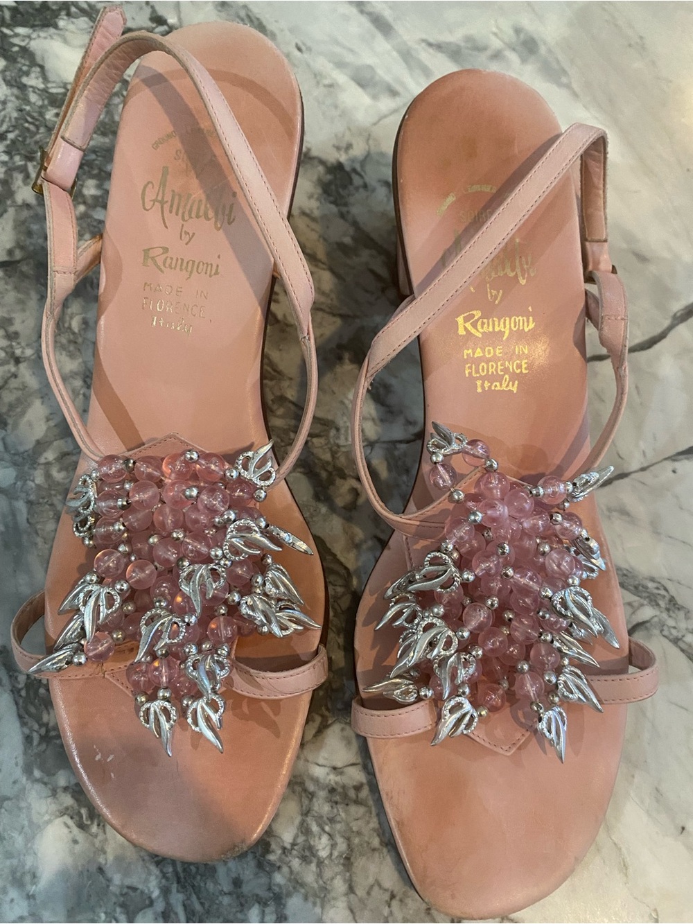 Vintage 1960 Made in Florence  Amalfi By Rangoni Pink Bead Embellished Sandals